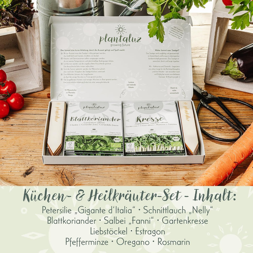 Set di semi biologici premium Plantaluz P03 – Set di semi di piante culinarie e medicinali per giardino, balcone e interni – incl. Bastoncini per piantare FSC – Semi biologici non impollinati, non trattati e senza OGM
