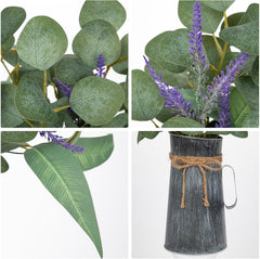 Hollyone Kunstpflanze Eukalyptus in Rustikalen Metall Vase, 45Cm Zimmerpflanzen Künstliche Eukalyptus Mit Lavendel Dekopflanzen Für Bauernhof Haus Hochzeit Tisch Centerpiece Deko