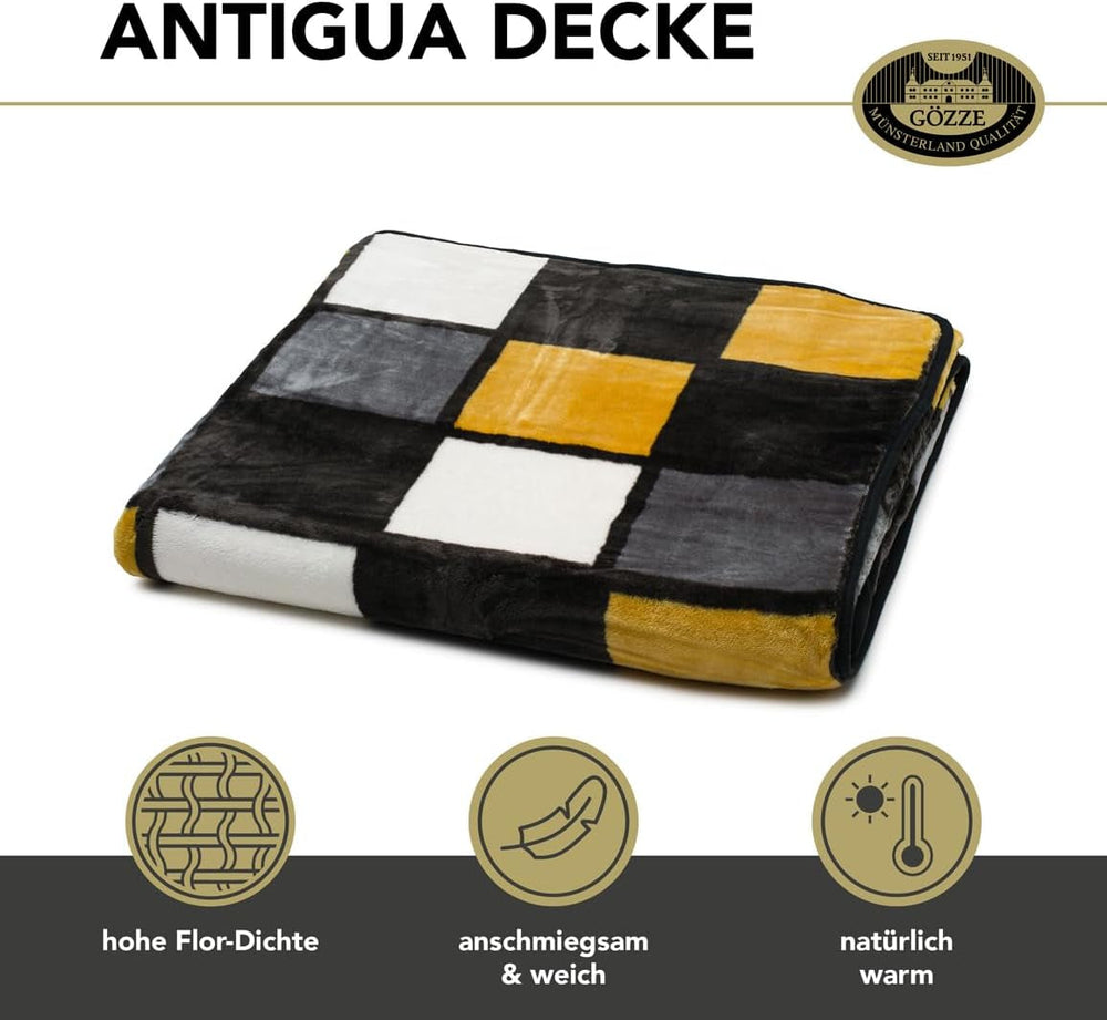 Gözze - Coperta morbida e confortevole, sensazione cashmere, peso tessuto pesante 500 G/M², Antigua, 150 X 200 Cm - Senape/Nero/Bianco Letti e coperte Besuche den Gözze-Store