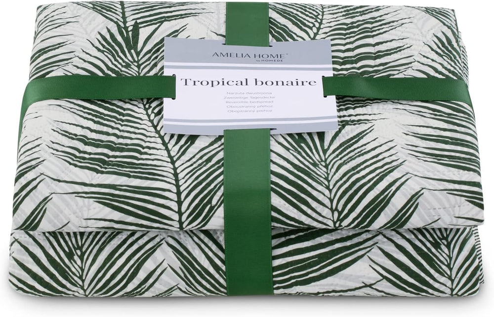 Ameliahome Copriletto Copriletto 170X210 Cm Double Face Copriletto Di Facile Cura Motivo Vegetale Verde Bianco Tropicale Bonaire Letti e coperte Besuche den AmeliaHome-Store