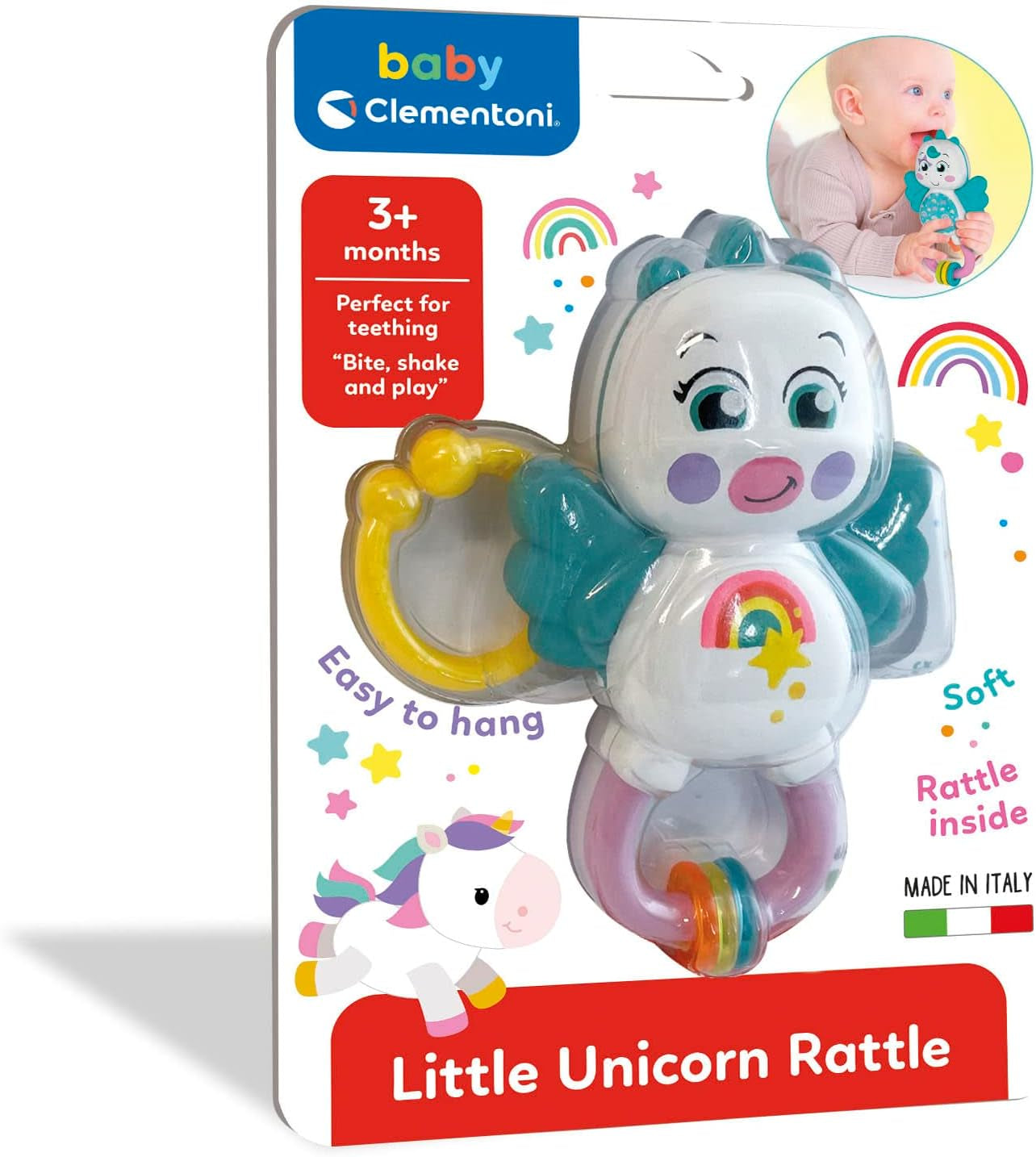 Clementoni 17778 - Little Unicorn Rattle - Sonaglio Neonato Con Massaggiagengive, Giocattolo Bambini 3 Mesi, Rafforza Le Capacità Motorie E Sensoriali - Made in Italy Jucarii Bebe Naty Shop