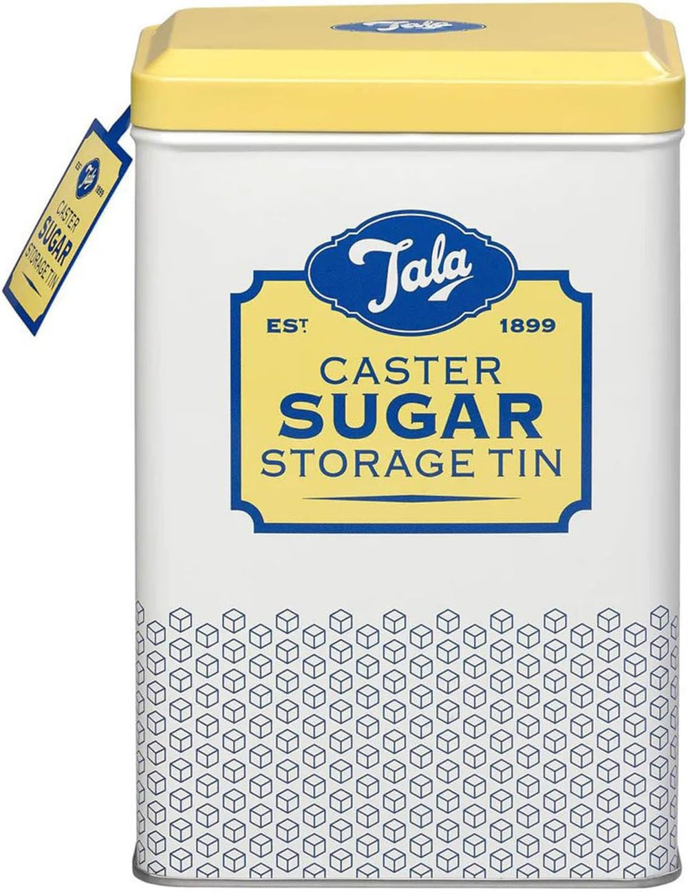 Cutie de depozitare Tala Originals, metalică, design retro în galben și crem, poate conține un plic întreg de zahăr pudră