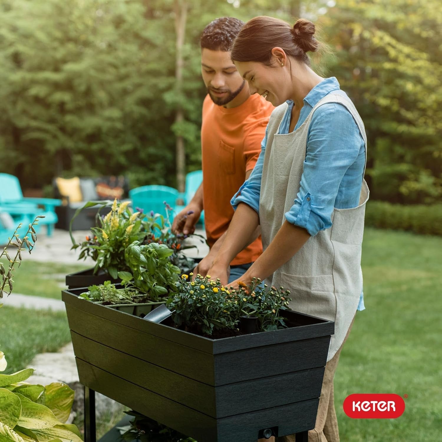 Ghiveci Keter Urban Bloomer pentru grădină înălțată și plante aromatice, pentru exterior, cu manometru de auto-udare și dop de drenaj, gri închis