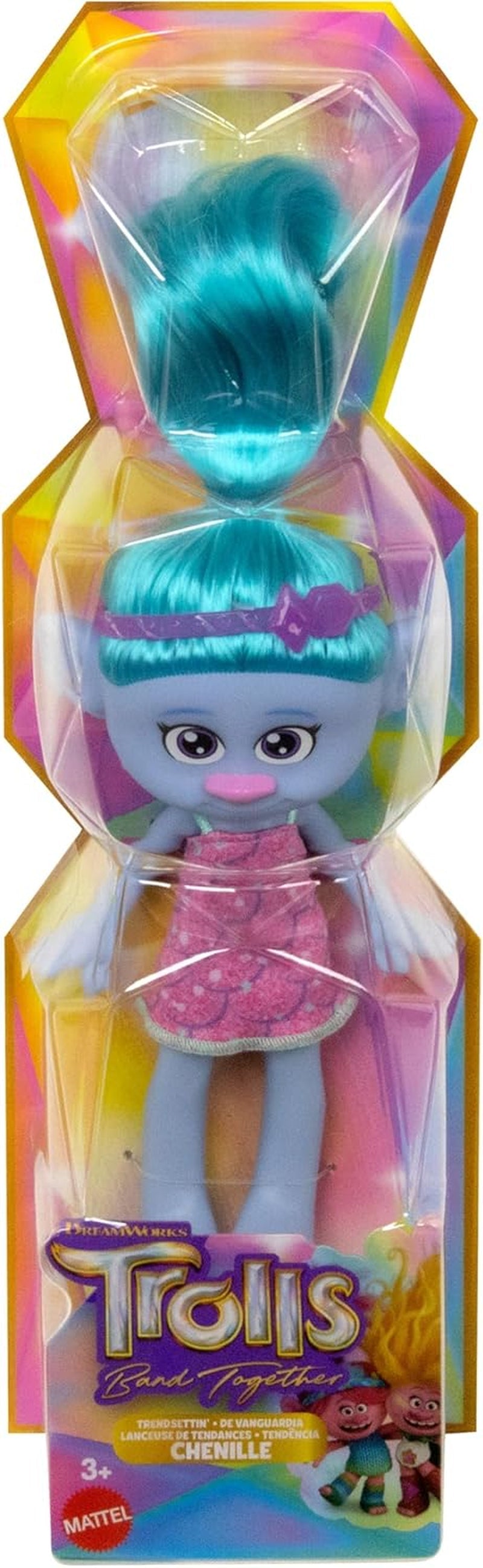 Păpușă Mattel DREAMWORKS TROLLS United We Stand – Surprize Păroase Chenille cu păr albastru strălucitor, bentiță mov, pentru copii cu vârsta de 3 ani și peste, HNF15