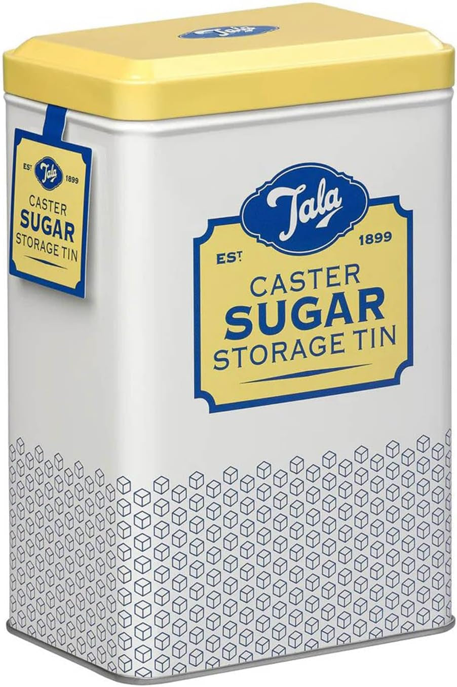 Cutie de depozitare Tala Originals, metalică, design retro în galben și crem, poate conține un plic întreg de zahăr pudră