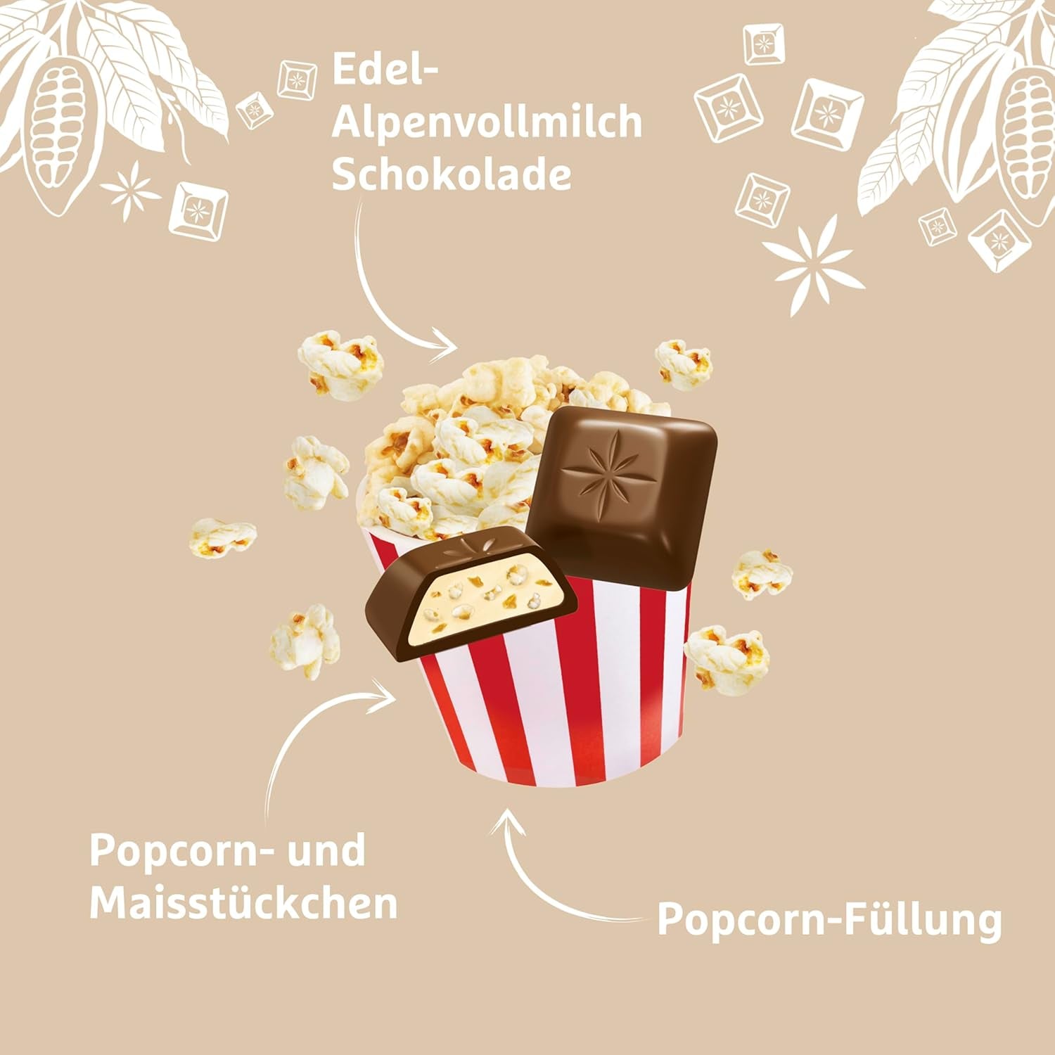 Schogetten Popcorn 1 tavoletta di cioccolato x 100 g, cioccolato al latte con popcorn e pezzi di mais, pratici pezzi singoli. Una prelibatezza. Pezzo per pezzo.