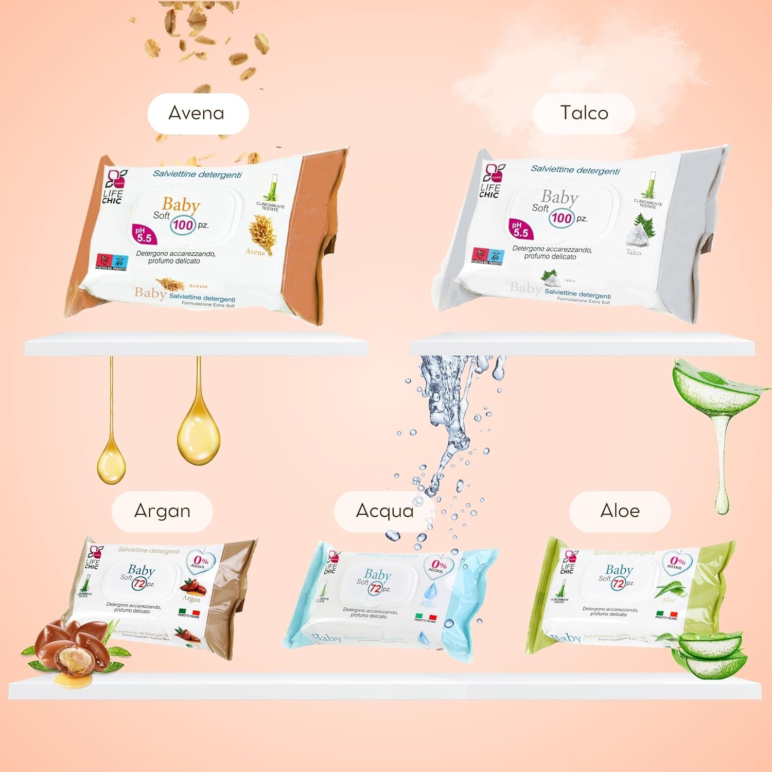 Salviette per neonati con talco per pelli sensibili, senza alcool, delicate sulla pelle, pH 5,5, leggermente profumate, 1200 unità (confezione da 12)