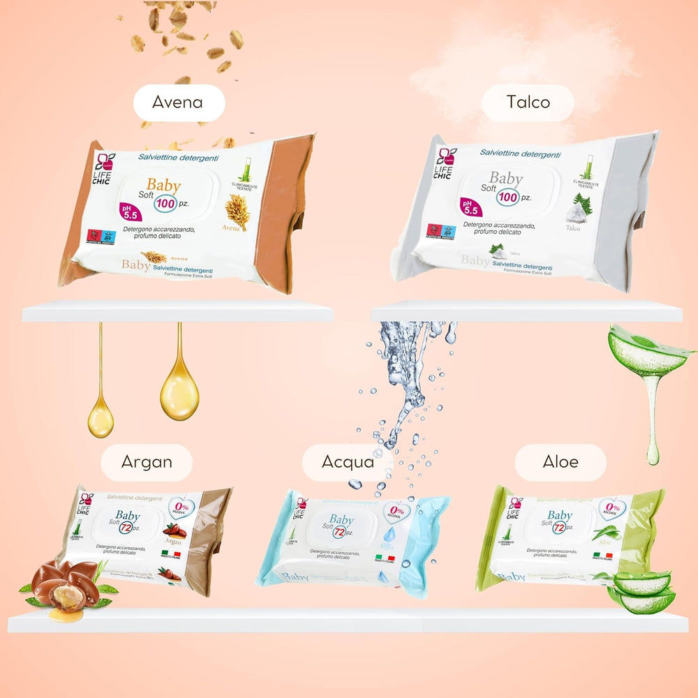 Salviette per neonati con talco per pelli sensibili, senza alcool, delicate sulla pelle, pH 5,5, leggermente profumate, 1200 unità (confezione da 12)