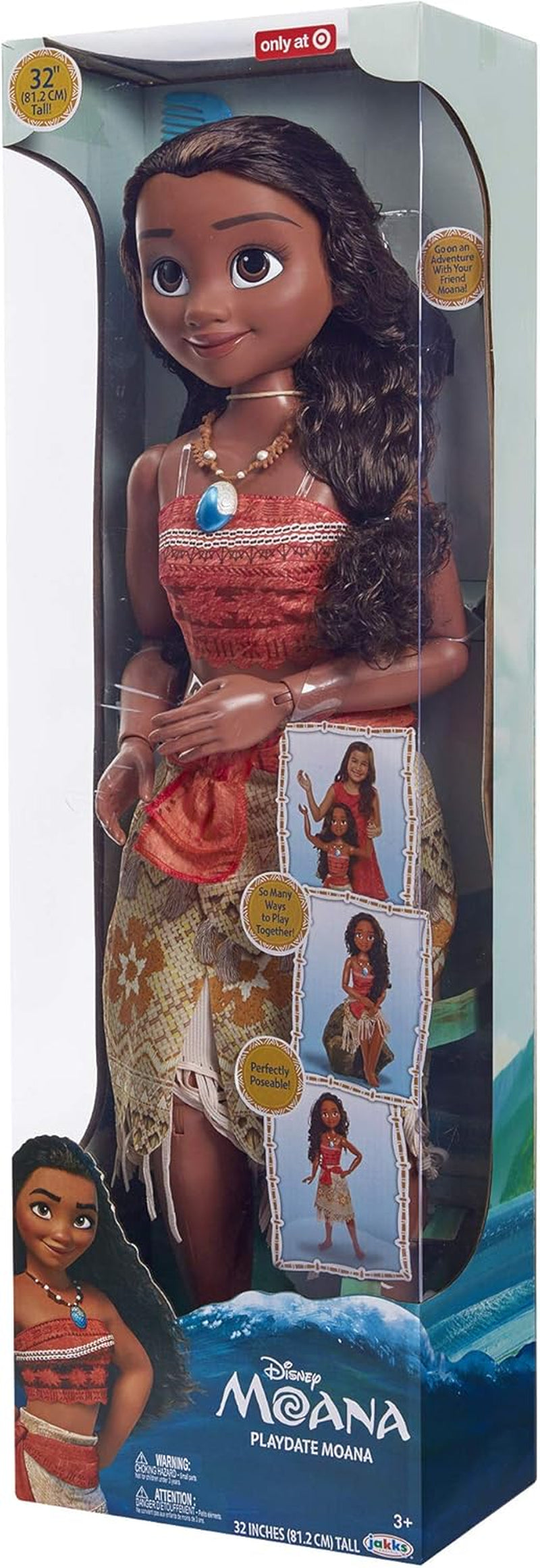 Disney Princess Vaiana, 80 cm große Spielpuppe von Jakks Pacific, bewegliche Puppe, mit Bürste zum Kämmen ihrer welligen Locken, vom Film inspiriertes Kleid, abnehmbare Halskette mit Anhänger