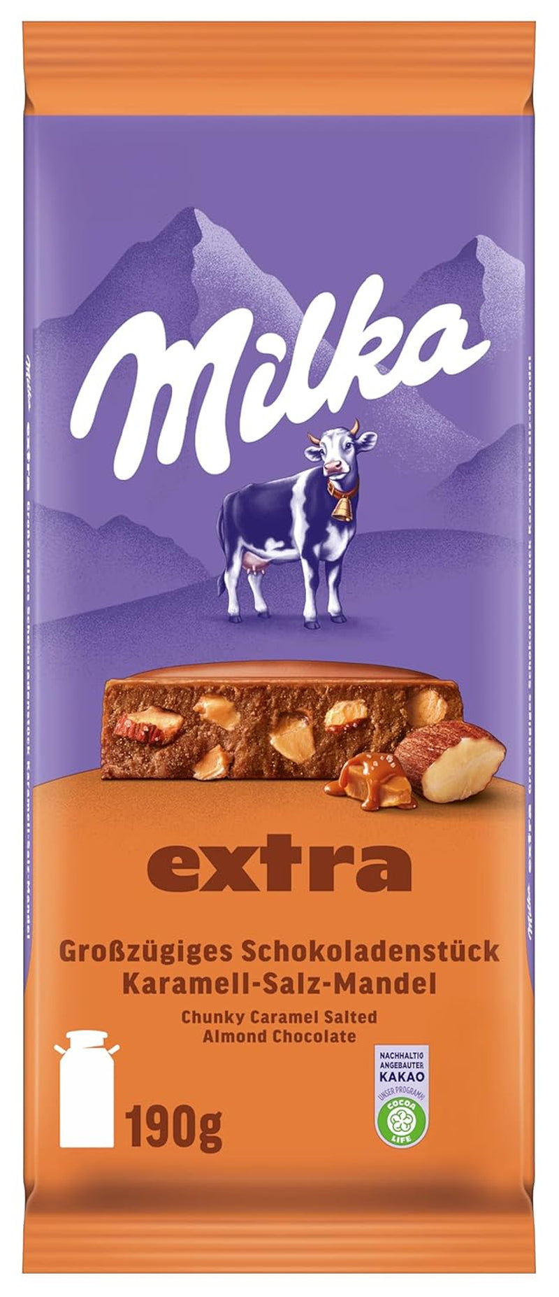 Milka Extra Caramel Salt Mandorla - Cioccolato al latte alpino con pezzetti di caramello, mandorle e un pizzico di sale - 190g