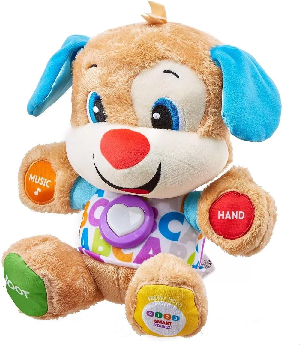 Câine distractiv de învățare Fisher-Price cu trei niveluri | jucărie de pluș vorbitoare cu muzică ca jucărie pentru copii și jucărie pentru bebeluși | ursuleț de pluș interactiv, versiune: UK-English , FPM43 Jucarii Bebe Naty Shop