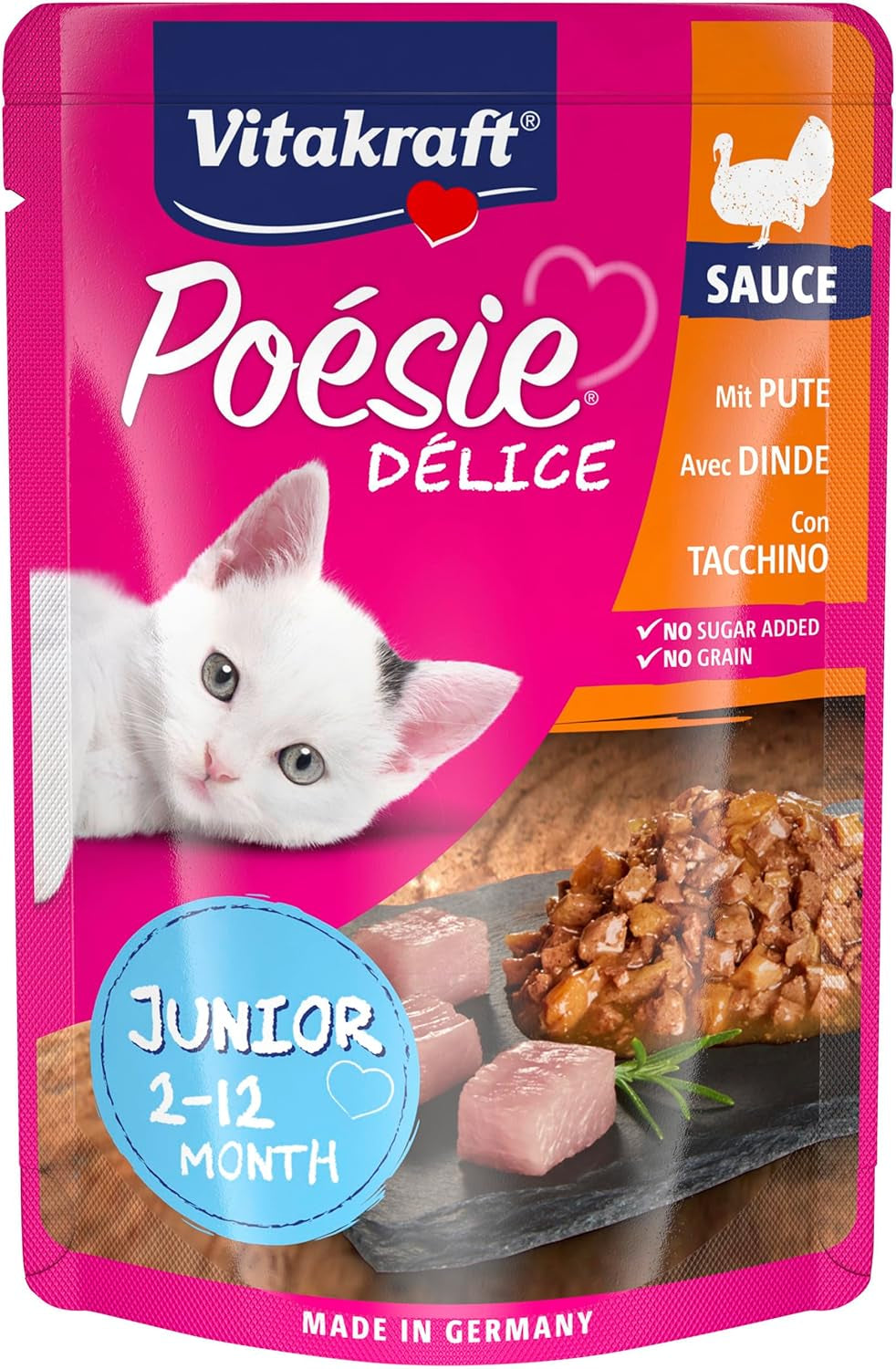 Vitakraft Poésie Délice, Junior, Hrană umedă pentru pisici, Hrană umedă în sos, cu curcan, Pachet multiplu, pentru pisici tinere, Fără zahăr adăugat sau cereale (23 x 85g)