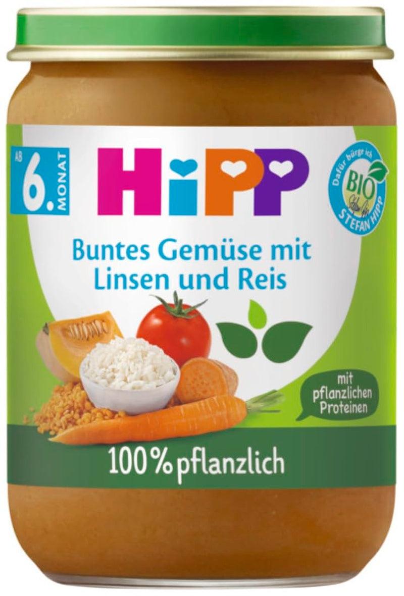 Verdure colorate biologiche HiPP con lenticchie e riso (6 x 190 g), a partire da 6 mesi, 100% vegetale, senza sale aggiunto, con Omega-3, migliore qualità biologica