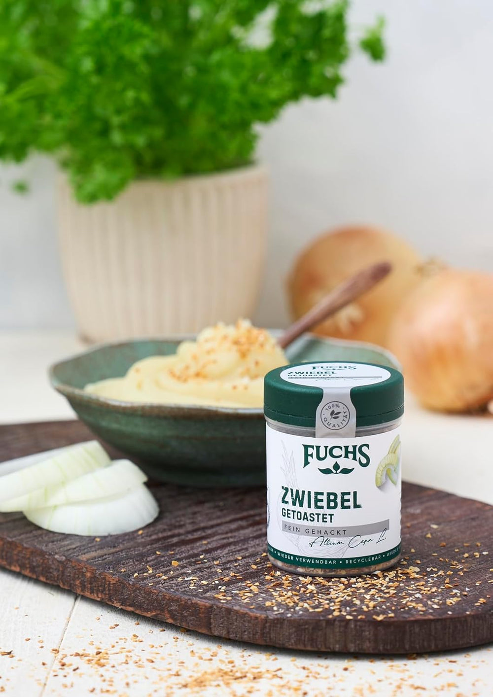 Fuchs Gewürze - Zwiebel getostat - Zwiebeln für Dips, Schmorgerichte oder Hamburger tritato finemente - Ingredienti naturali - 55 g in wiederverwendbarer, recyclebarer Dose