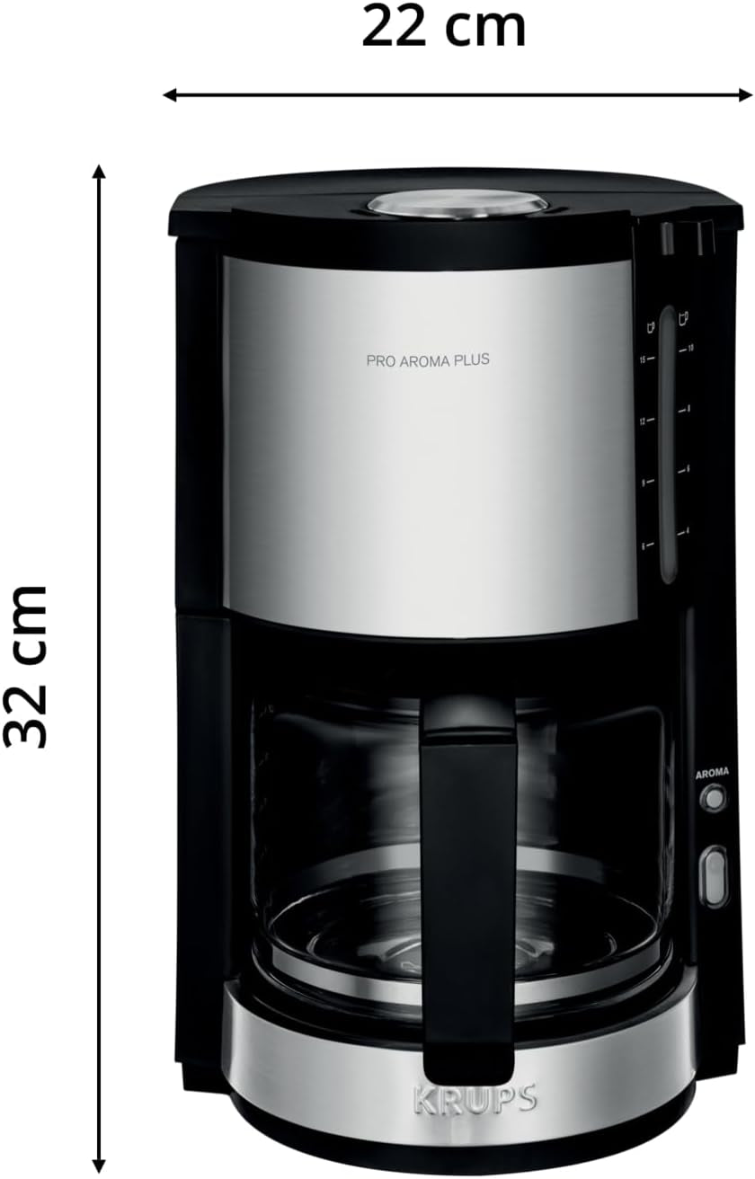 Espressor Krups KM3210 Pro Aroma Plus, 10 cești, 1,25 l, funcție de menținere la cald timp de 30 de minute, fereastră vizibilă pentru nivelul apei, sistem anti-picurare, negru cu aplicații din oțel inoxidabil