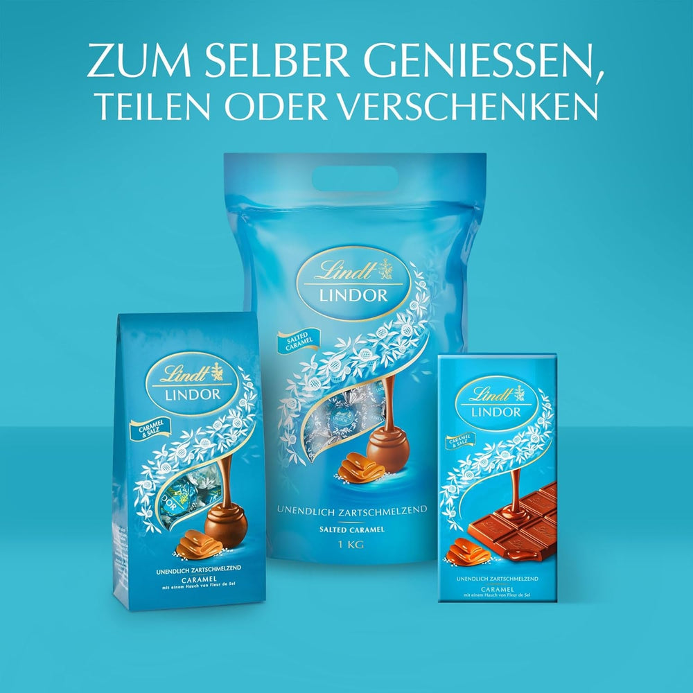 Lindt Chocolate | LINDOR Cornet Caramel Sărat | 500g | 38 Bile de Ciocolată cu Lapte cu Umplutură de Caramel Sărat | Cadou de Ciocolată