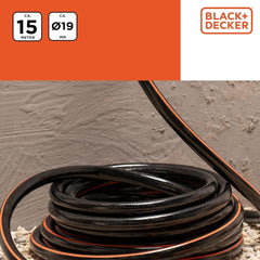 Furtun de grădină BLACK+DECKER 15 metri - Ø19MM - PVC durabil - Udarea grădinii, spălarea mașinii, umplerea piscinei - Compatibil cu orice robinet standard - Negru/Portocaliu