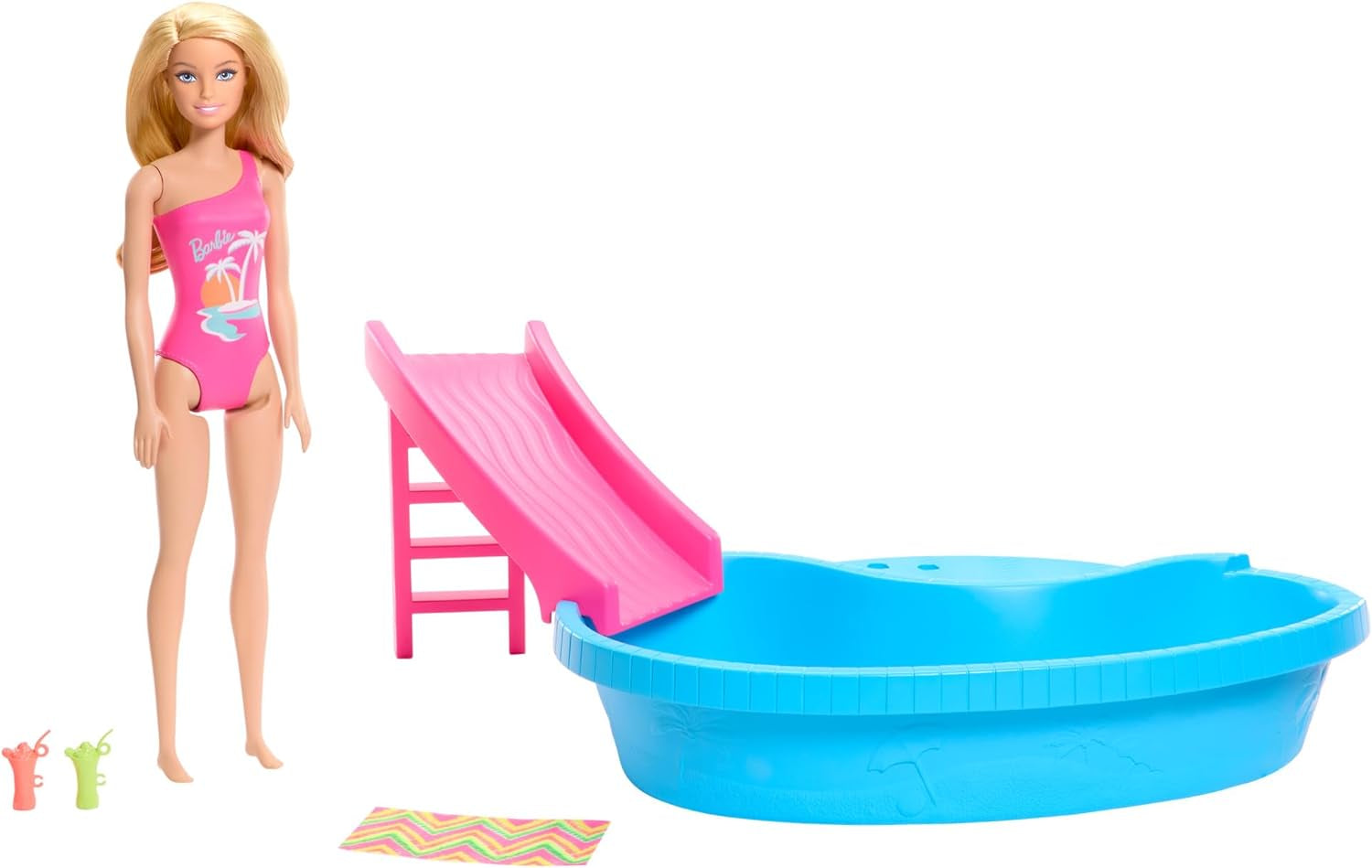 Bambola Barbie e accessori - piscina con scivolo e accessori per ore di divertimento al sole, costume da bagno rosa con design tropicale, per bambini dai 3 anni in su, HRJ74 Naty Shop Dollhouses Titolo predefinito