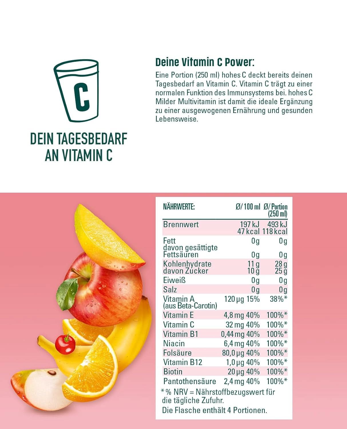 Multivitaminico delicato High C (1 X 1,5 L), 100% succo di mela, arancia, acerola, mango, 7 vitamine, Senza zuccheri aggiunti a norma di legge, Meno acido, Vegan Bevande analcoliche Naty Shop