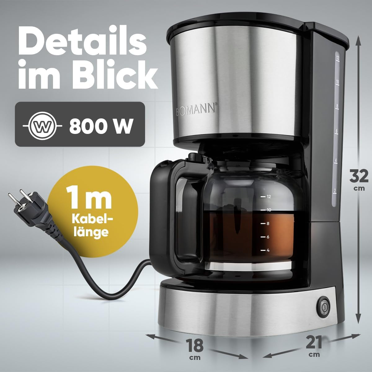 Espressor de cafea cu filtru Bomann® | pentru 12-14 cești | Espressor de cafea cu filtru | Carcasă din oțel inoxidabil | Anti-picurare | Espressor | Espressor de cafea cu filtru | 800W | KA 6071 CB