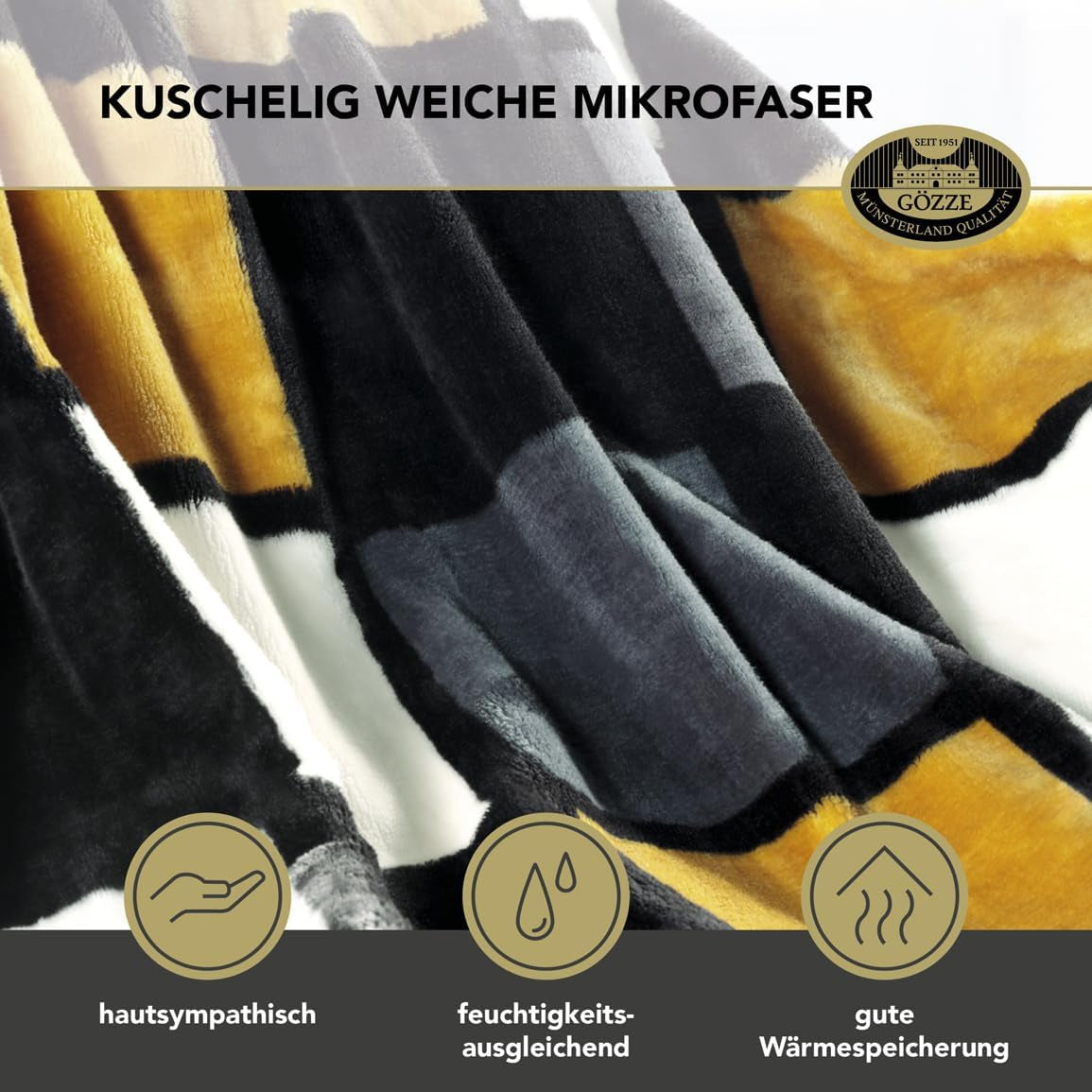 Gözze - Coperta morbida e confortevole, sensazione cashmere, peso tessuto pesante 500 G/M², Antigua, 150 X 200 Cm - Senape/Nero/Bianco Letti e coperte Besuche den Gözze-Store
