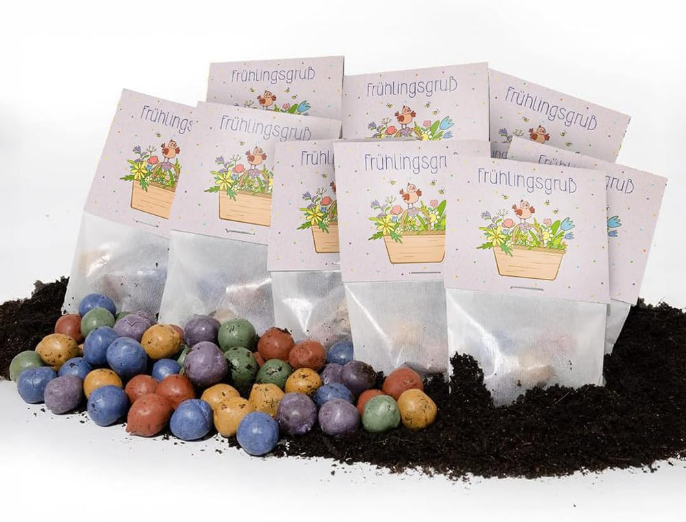 Bunte Blumenmurmeln "Frühlingsgruß" L 10 X5 Kleine Saatkugeln in Einem Tütchen Mit Blumenkorb-Motiv L Geschenk Zu Ostern, Im Frühling, Als Gastgeschenk Oder Als Dankeschön Für Erzieher, Lehrer