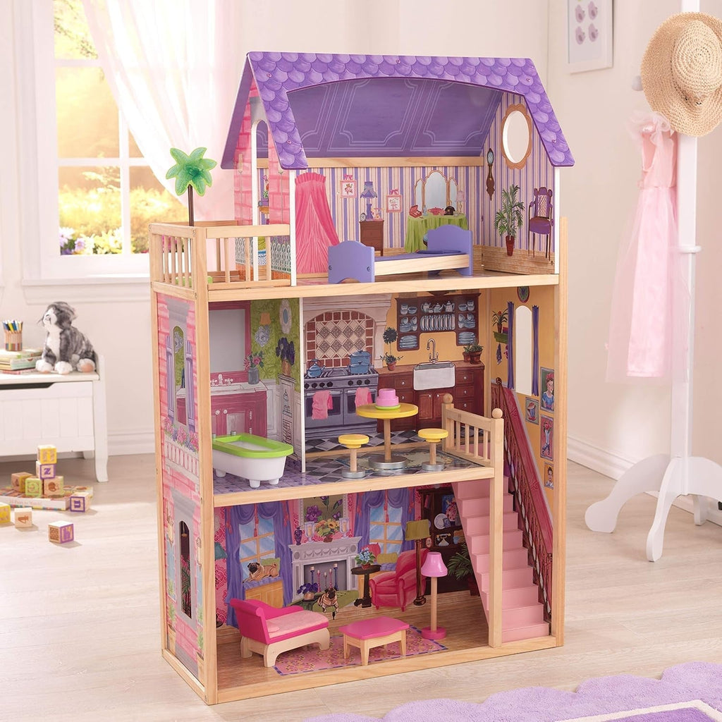 Casa de păpuși din lemn Kidkraft Kayla cu mobilier și accesorii, set de joacă cu 3 niveluri de joc pentru păpuși de 30 cm, jucărie pentru copii de la 3 ani, 65092 - Exclusiv pe Amazon Casute de papusi Naty Shop