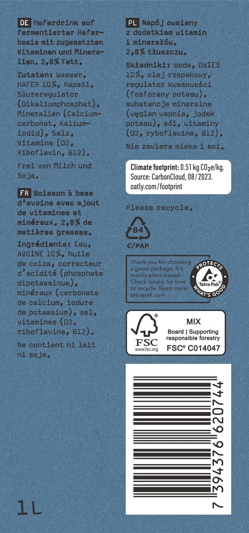 Oatly Haferdrink 2,8% Fett - Confezione da 6 (6 x 1 litro)