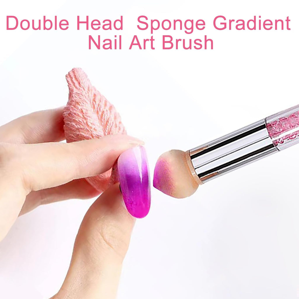 2 Stück Nail Art Rendering-Werkzeuge Doppelter Kopf, Sponge Brush Applikator Inkl 8 Ersatzköpfe, Nail Art Schwamm Und Tupfpinsel(Weiß, Rosa)