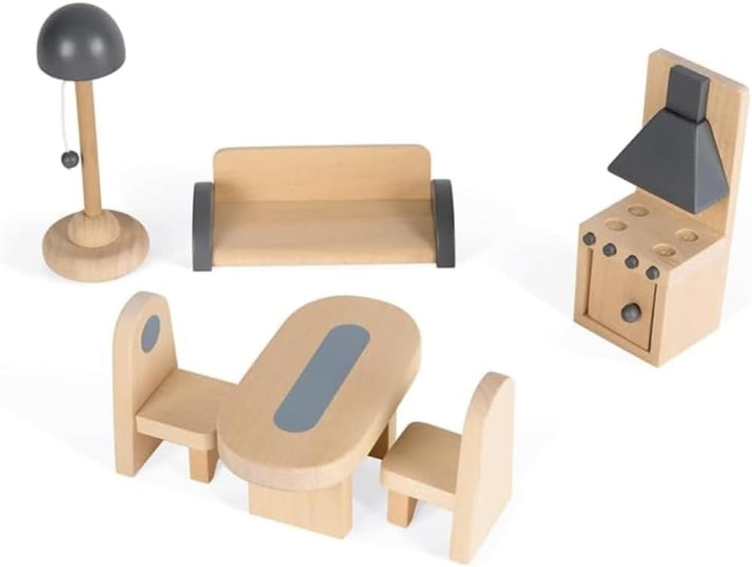 Janod - Casă de păpuși din lemn Mademoiselle, 3 etaje și cu 11 accesorii, replică de jucărie, dezvoltă imaginația, de la 3 ani, J06581