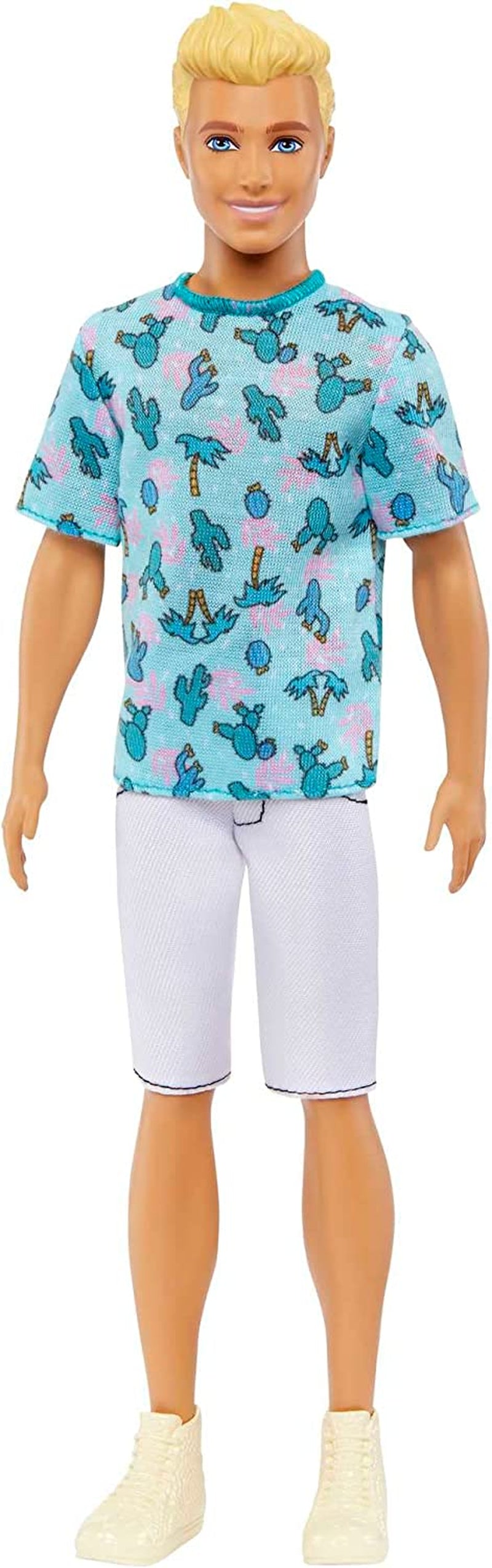 Barbie Ken Fashionistas - T-shirt con stampa di cactus e palme, pantaloncini bianchi e scarpe da ginnastica, perfetta per avventure con gli amici e passeggiate in città, per bambini dai 3 anni in su, maglietta blu Ken per bambole HJT10 Naty Shop