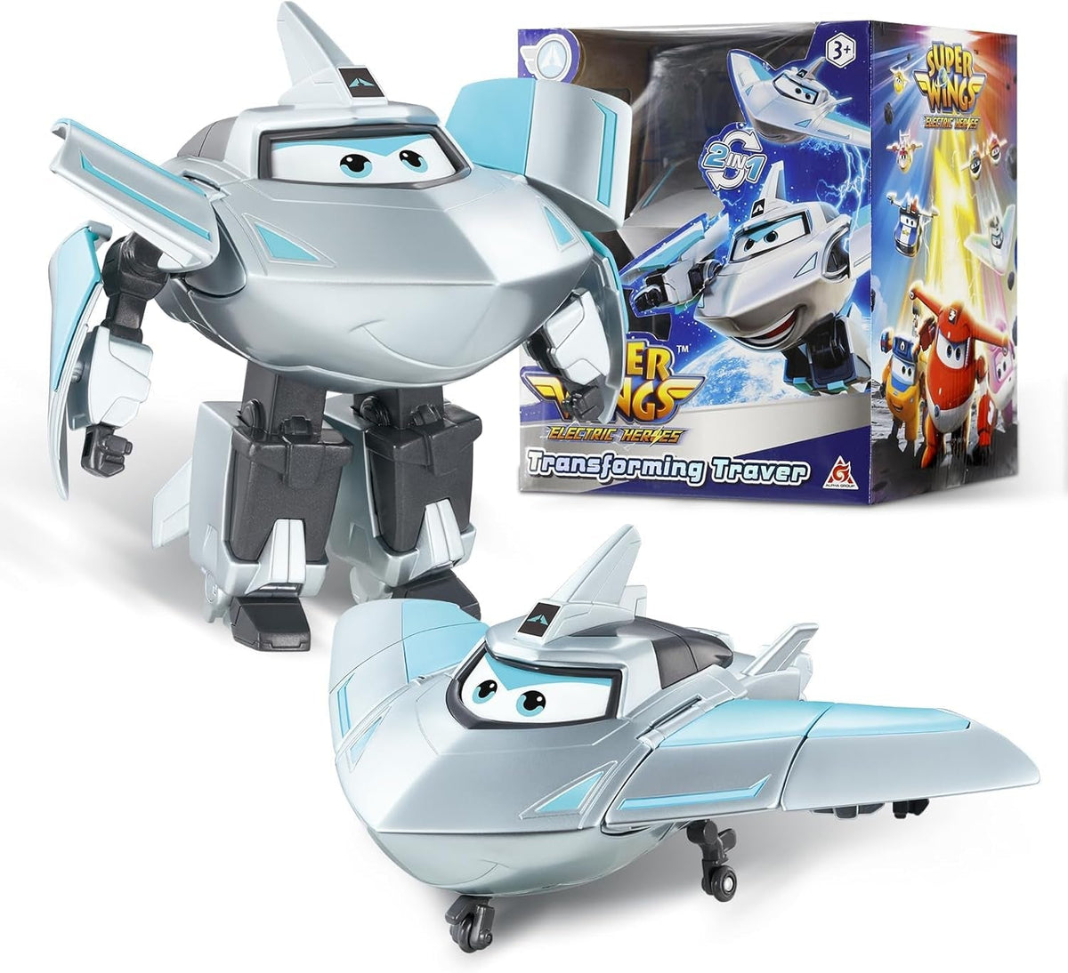 Aereo di trasformazione Super Wings Traver sovralimentato, ca. Figura da gioco per bambini grande da 12,7 cm Figura di aeroplano e robot giocattolo per ragazzi e ragazze sopra i 3 anni Figure d'azione in argento Naty Shop Traver