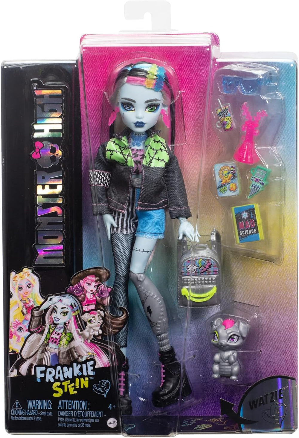 Păpușa Monster High Frankie Stein în jachetă de blugi și pantaloni scurți, include și cățelușa ei Watzie și accesorii precum un rucsac, o gustare și un caiet, HXH73
