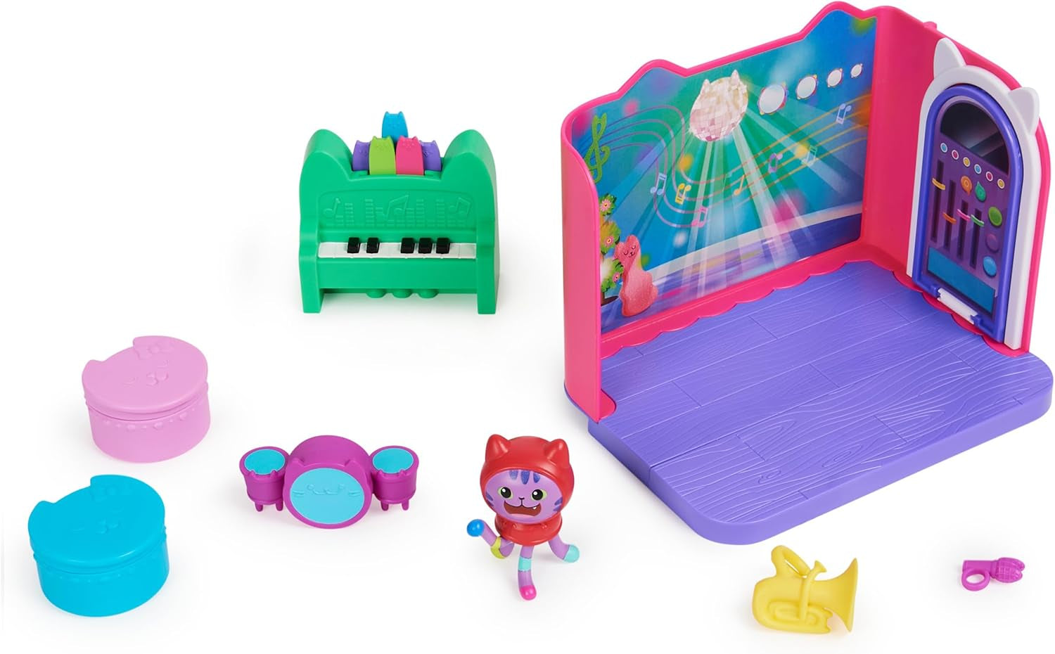 Camera Deluxe a casei de păpuși Gabby, Camera cu muzică groovy și Camera Deluxe, Baie elegantă și răsfățată, Baie cu pisoi de mare