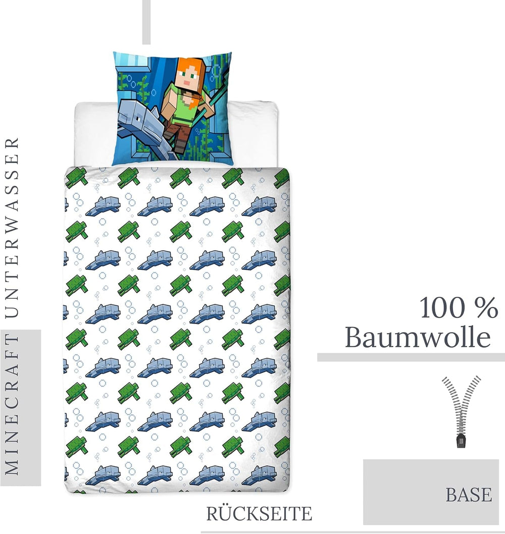 Minecraft Bedding Kinderbettwäsche Jugendbettwäsche 135X200 · Unterwasserwelt · Wende Motiv · Kissenbezug 80X80 + Bettbezug 135X200 Cm · 100% Baumwolle · Deutsche Größe Naty Shop