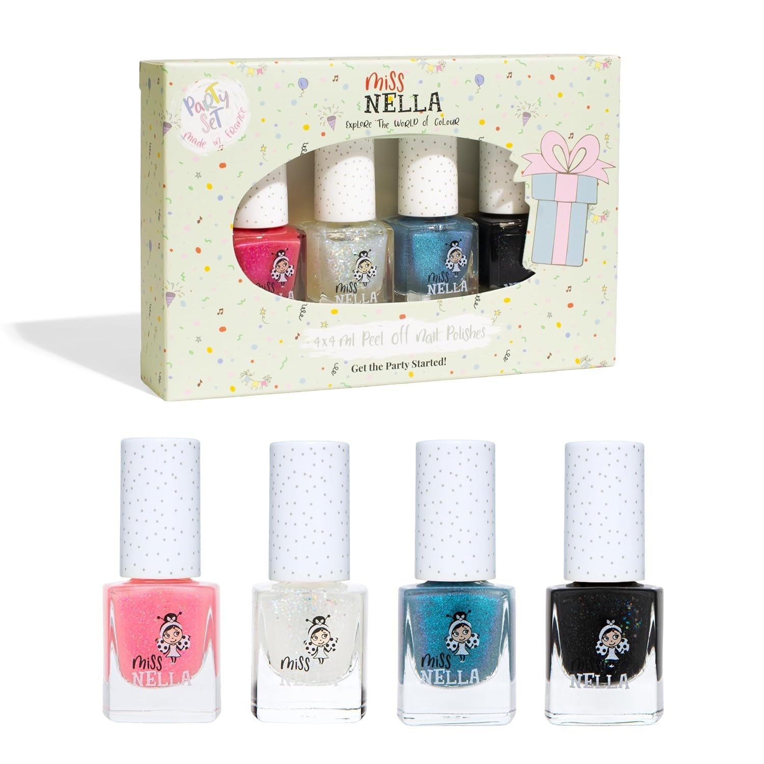 Set di smalti glitterati da 4 pezzi della collezione Miss Nella Magic: rosa, rosso, oro e blu, smalto rimovibile speciale per bambini, non tossico, a base d'acqua, inodore
