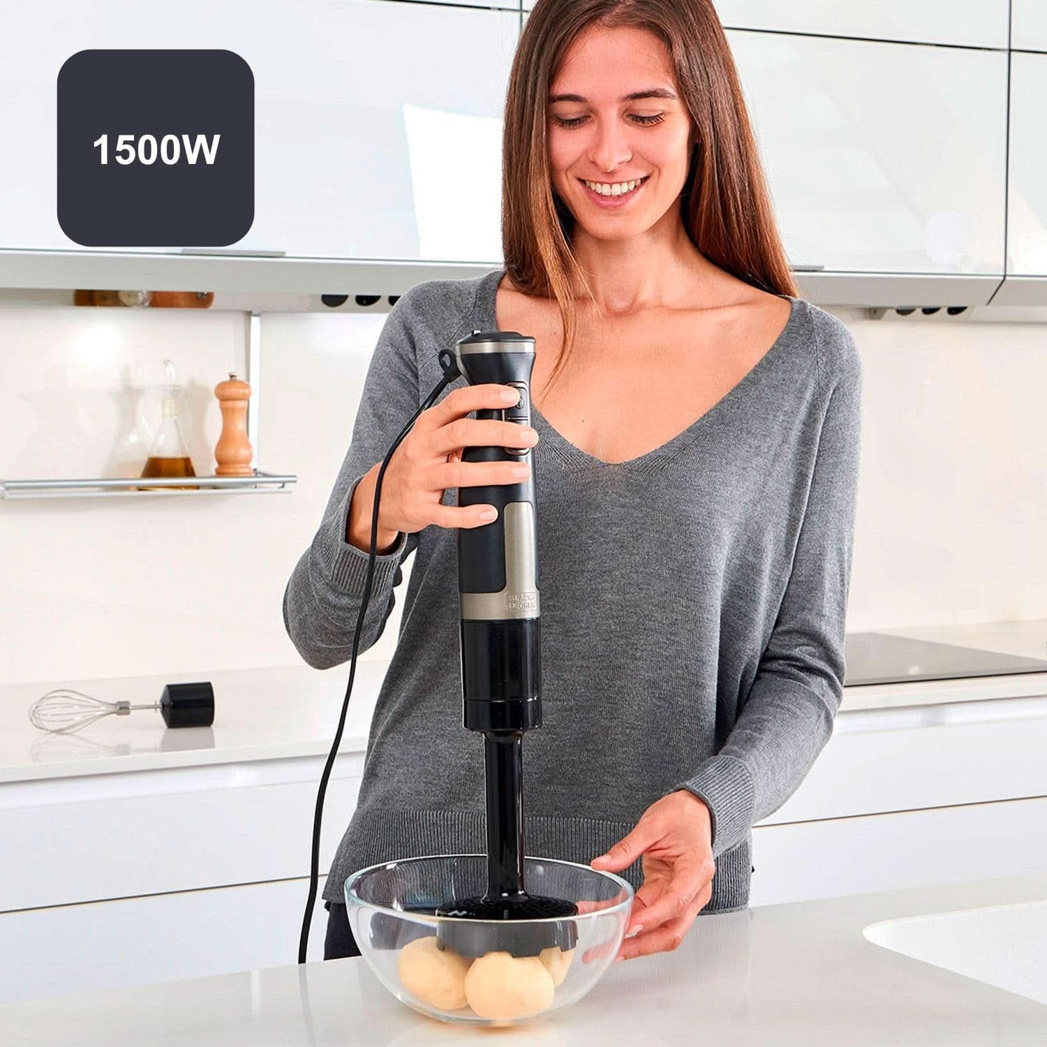 BLACK+DECKER Impastatrice | BXHBA1500E | 1500 Watt | 20 velocità | Turbo | Edelstahl | Protezione spritz | Compreso Pürieraufsatz, Schneebesen, Zerkleinerer und Messbecher Kitchen Naty Shop