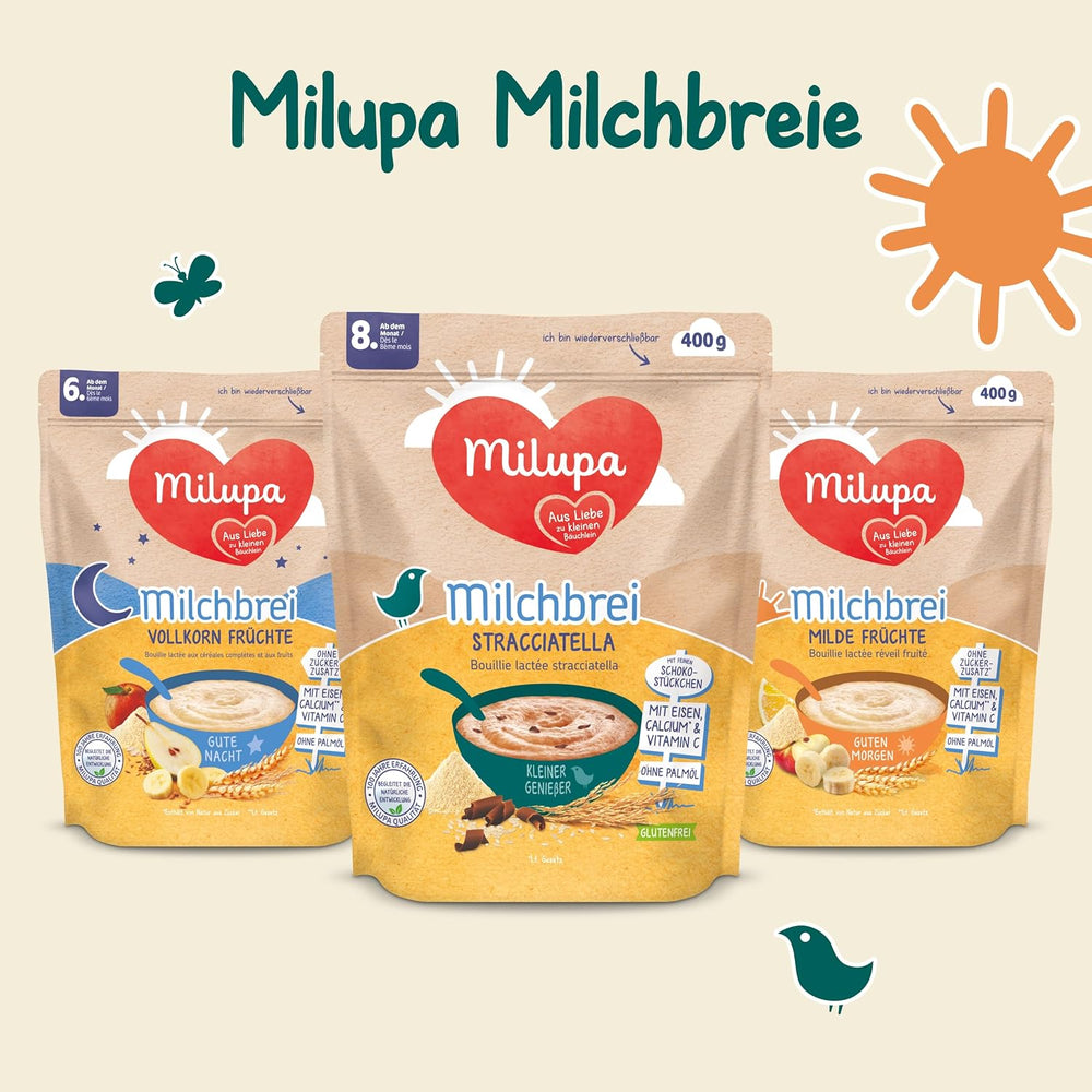 Milupa Porridge al Latte Stracciatella - Cereali per bambini senza glutine e senza olio di palma - Senza conservanti e coloranti - Da 8 mesi - 4 x 400 g