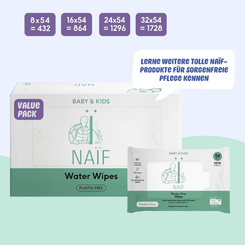 Naïf - Salviette umidificate senza plastica - 864 pezzi (16 confezioni da 54 salviette) - Cura il sedere, il corpo e il viso del bambino - 99% acqua - 0% profumo e alcool
