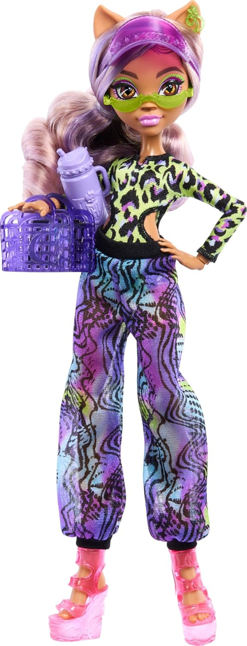 Păpușa Monster High Scare-adise Island Clawdeen Wolf cu costum de baie, pantaloni de jogging și accesorii de plajă, cum ar fi vizieră, sticlă de apă și carte