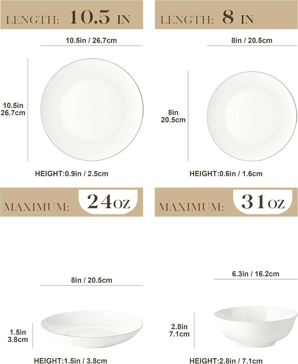 Set de veselă MALACASA pentru 4 persoane, set de veselă din porțelan os, format din 16 piese, set combinat rotund alb cu margine aurie, cu 4 farfurii de cină, 4 farfurii de desert, 4 farfurii de sumă și 4 boluri pentru cereale, seria NORI