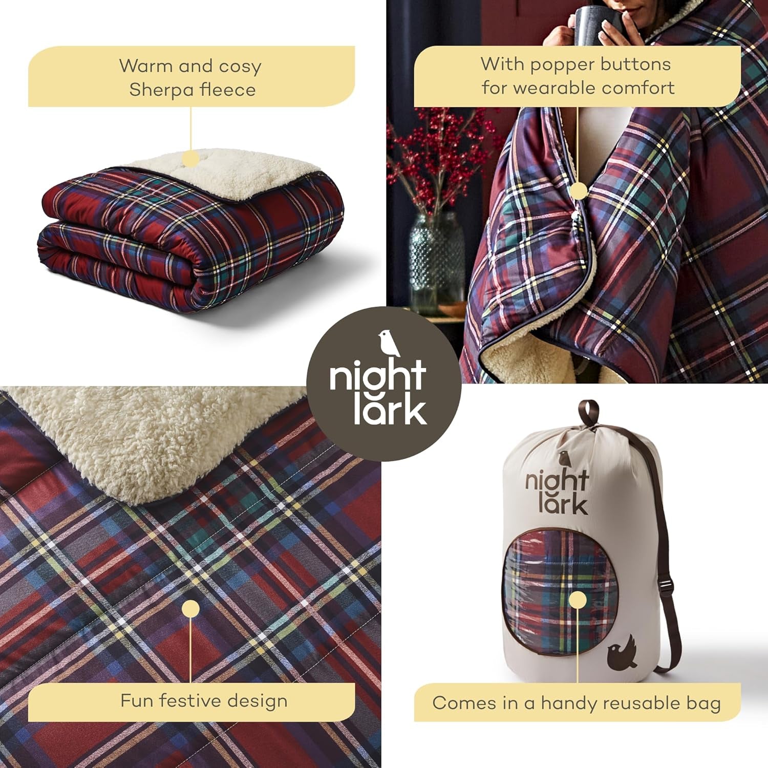 Night Lark accogliente coperta in pile Sherpa, classico tartan rosso, 9 Tog, lussuosa, soffice, spessa e reversibile, perfetta per divano, letto, divano. Ipoallergenico, lavabile in lavatrice, misura: letti e piumini Night Lark
