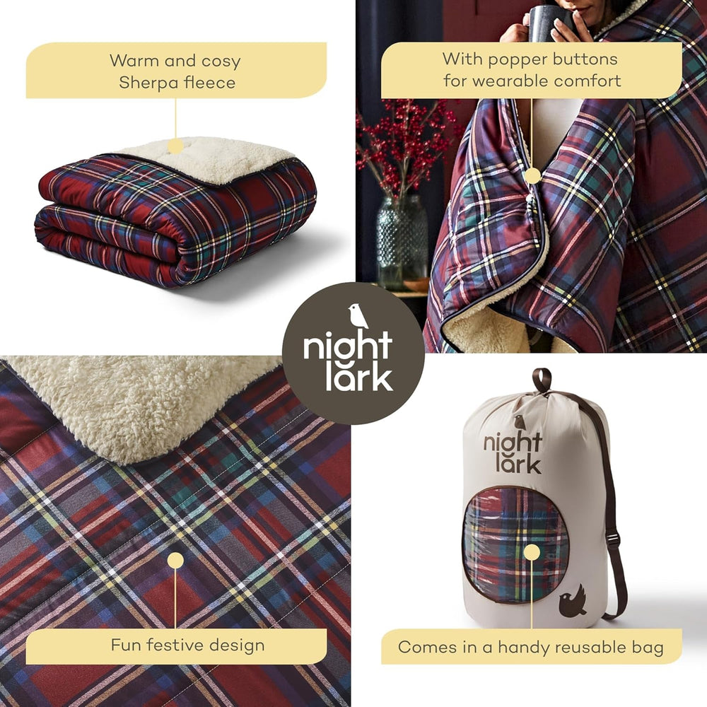 Night Lark accogliente coperta in pile Sherpa, classico tartan rosso, 9 Tog, lussuosa, soffice, spessa e reversibile, perfetta per divano, letto, divano. Ipoallergenico, lavabile in lavatrice, misura: letti e piumini Night Lark