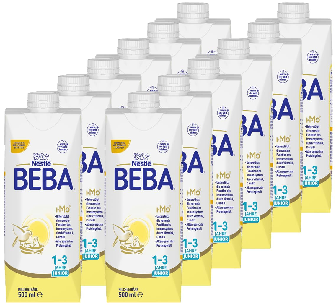 BEBA Junior, bevanda a base di latte pronta da bere per 1-3 anni, con HMO, contenuto proteico adeguato all'età, senza olio di palma, senza olio di pesce, alimenti per bambini, confezione da 12 (12 x 500 ml)