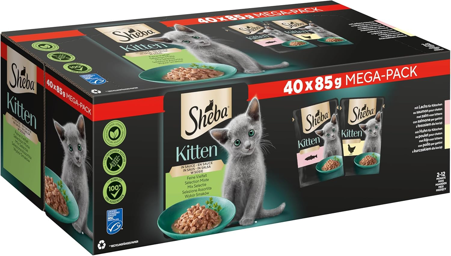 Hrană umedă Sheba pentru pisoi, în pliculețe variate, cu somon (MSC) și pui în sos, pachet multiplu 40x85g