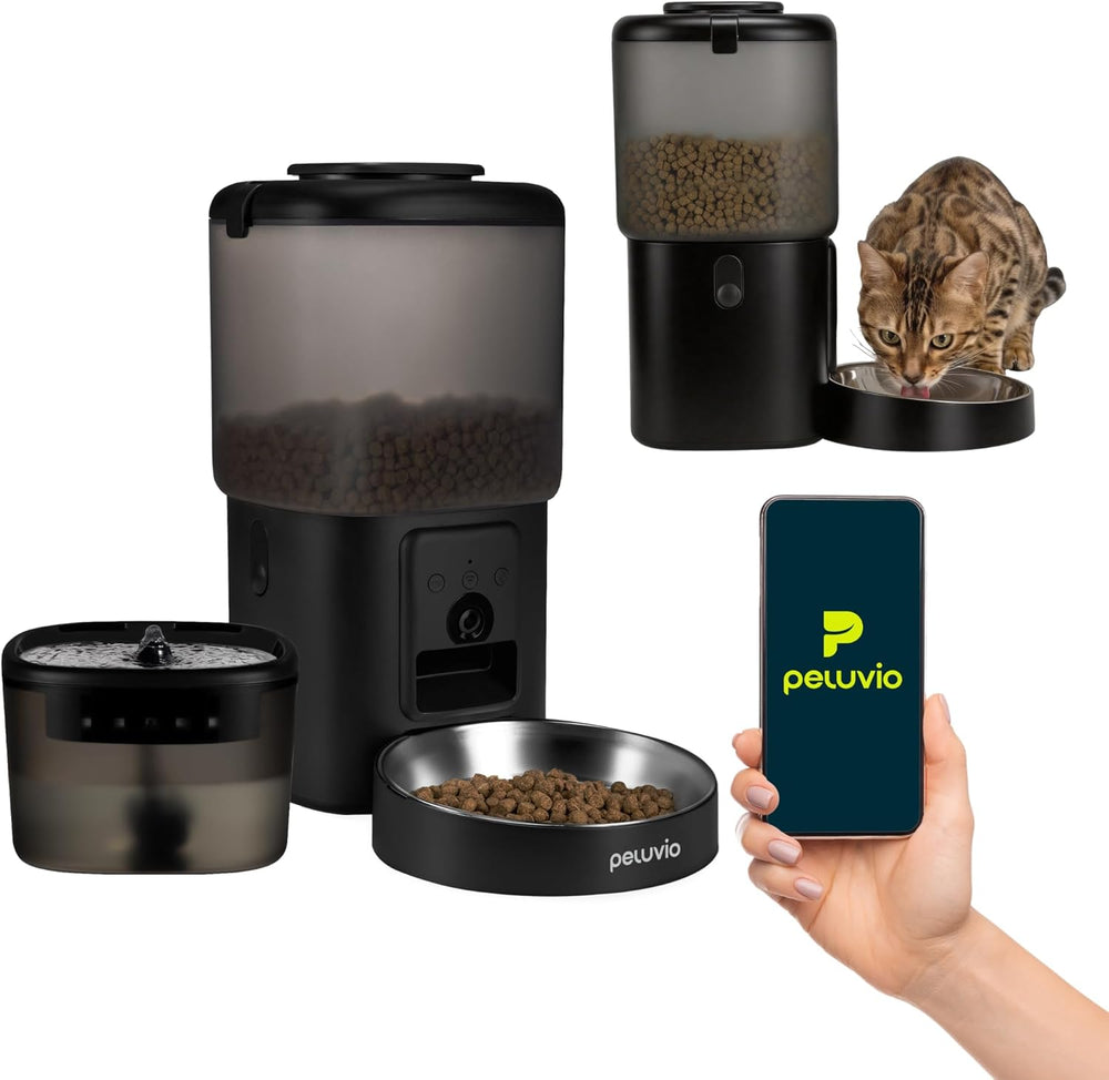 Feast Automatische Futterautomat Katze mit App und Kamera, Live-Video mit Nachtsicht und Zwei-Wege-Audio, Portionskontrolle, Edelstahl-Napf, Katzen Trinkbrunnen mit Filter, 4.5 l und 2.5 l