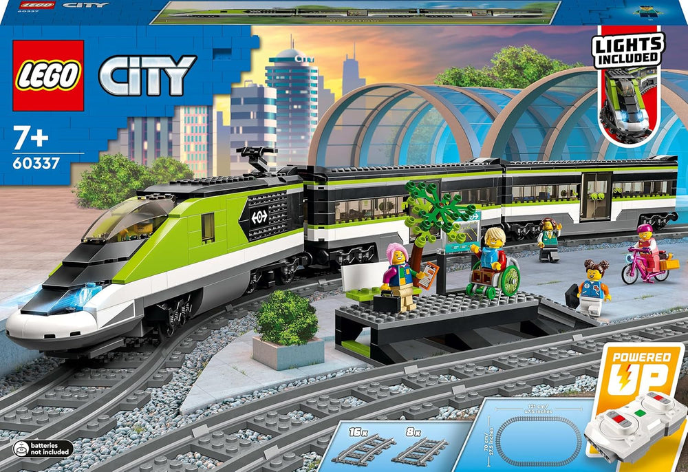 Treno espresso passeggeri LEGO City, set di treni telecomandati, giocattolo ferroviario con fari, 2 carrozze e 24 elementi di binario, regalo per bambini, ragazzi e ragazze 60337 Set di costruzione Besuche den LEGO-Store