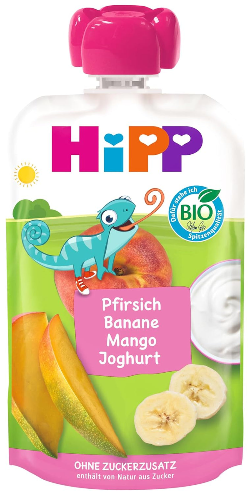 HiPP Pesche Banane Mango con Yogurt, Busta comprimibile da 1 anno, 8 x 100 g