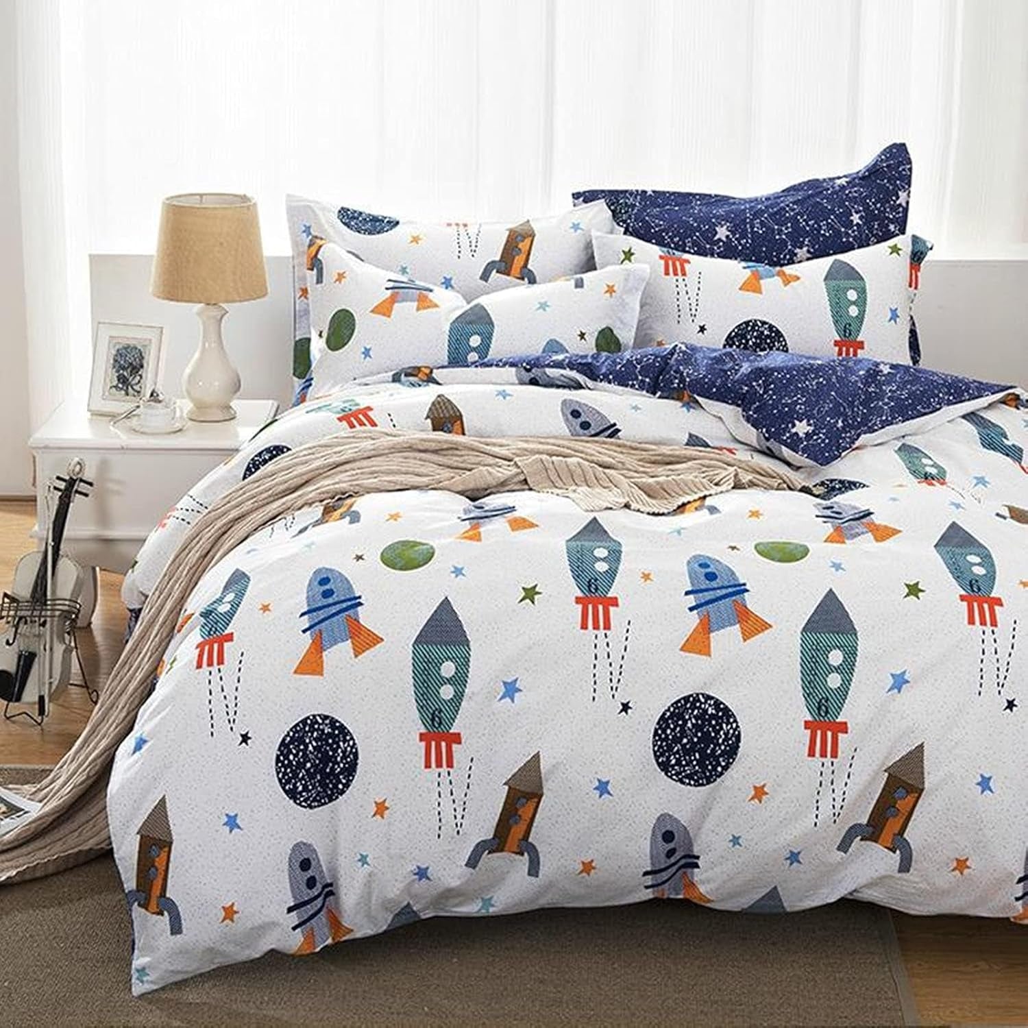 Biancheria da letto per bambini, razzi e pianeti, design reversibile, cotone Biancheria da letto - bambini Naty Shop 135X200Cm + 80X80Cm