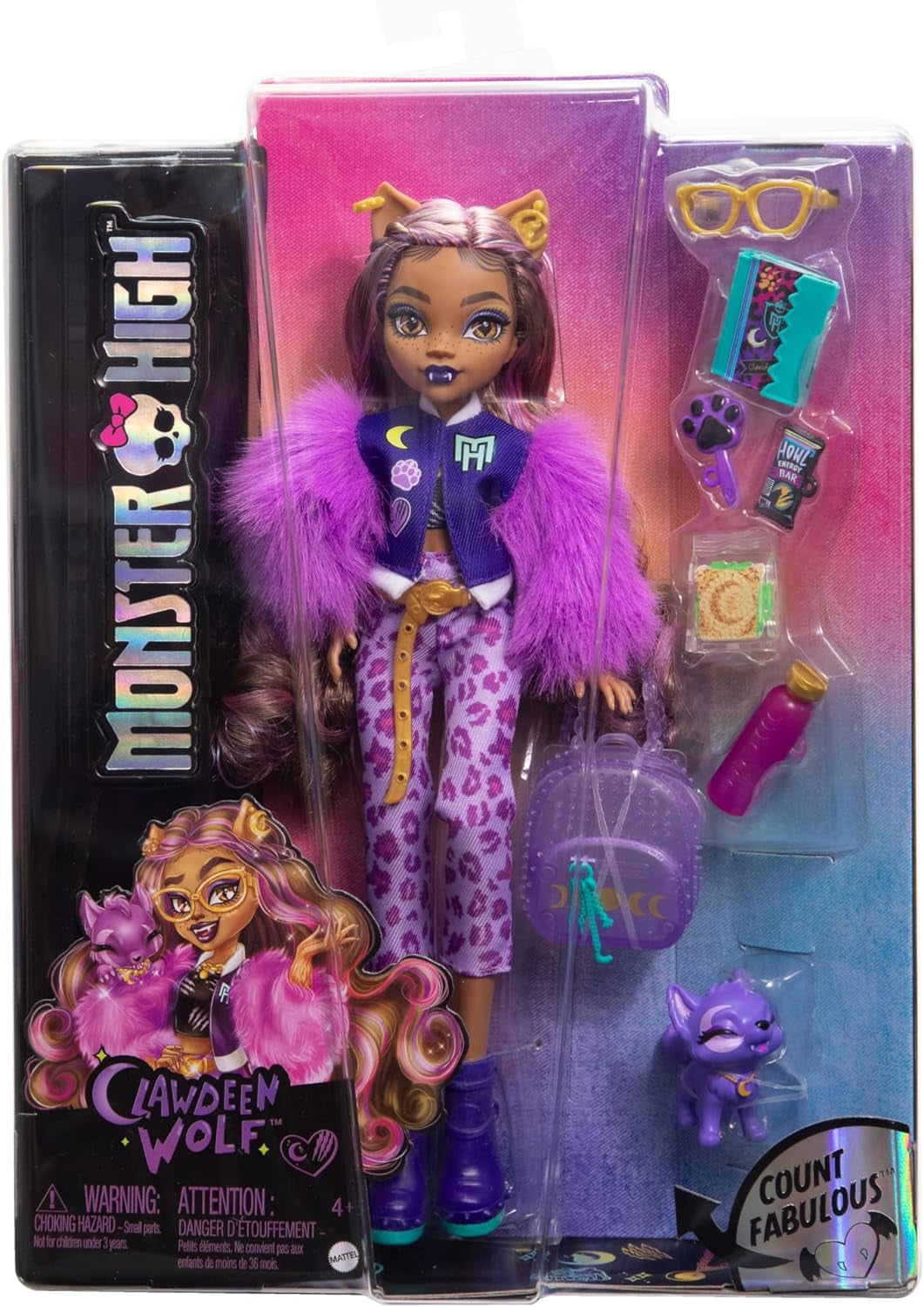 Păpușă Monster High Clawdeen Wolf cu câine Crescent și accesorii precum rucsac, calendar, gustări și multe altele, HRP65 Papusi Naty Shop